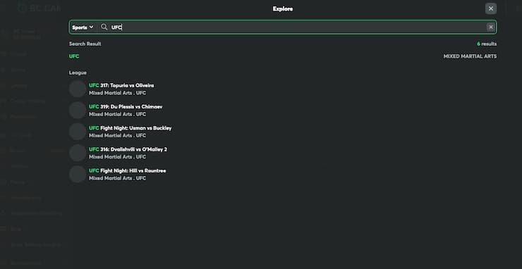 A view of the betting interface on BC Game, one of the best UFC betting websites.